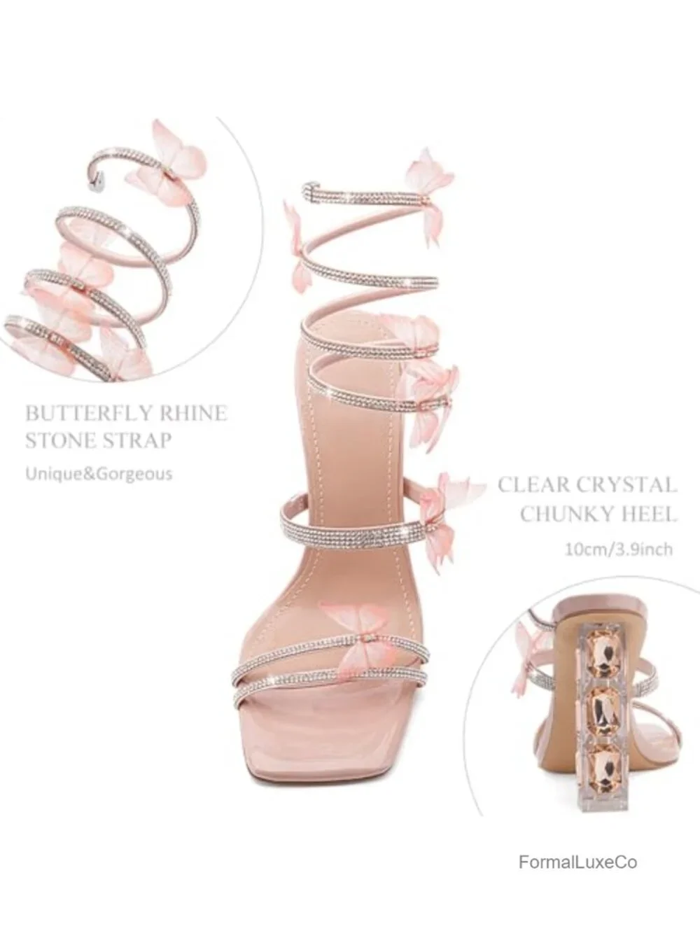 Square Toe Rhinestone Butterfly Prom Sandals Heels